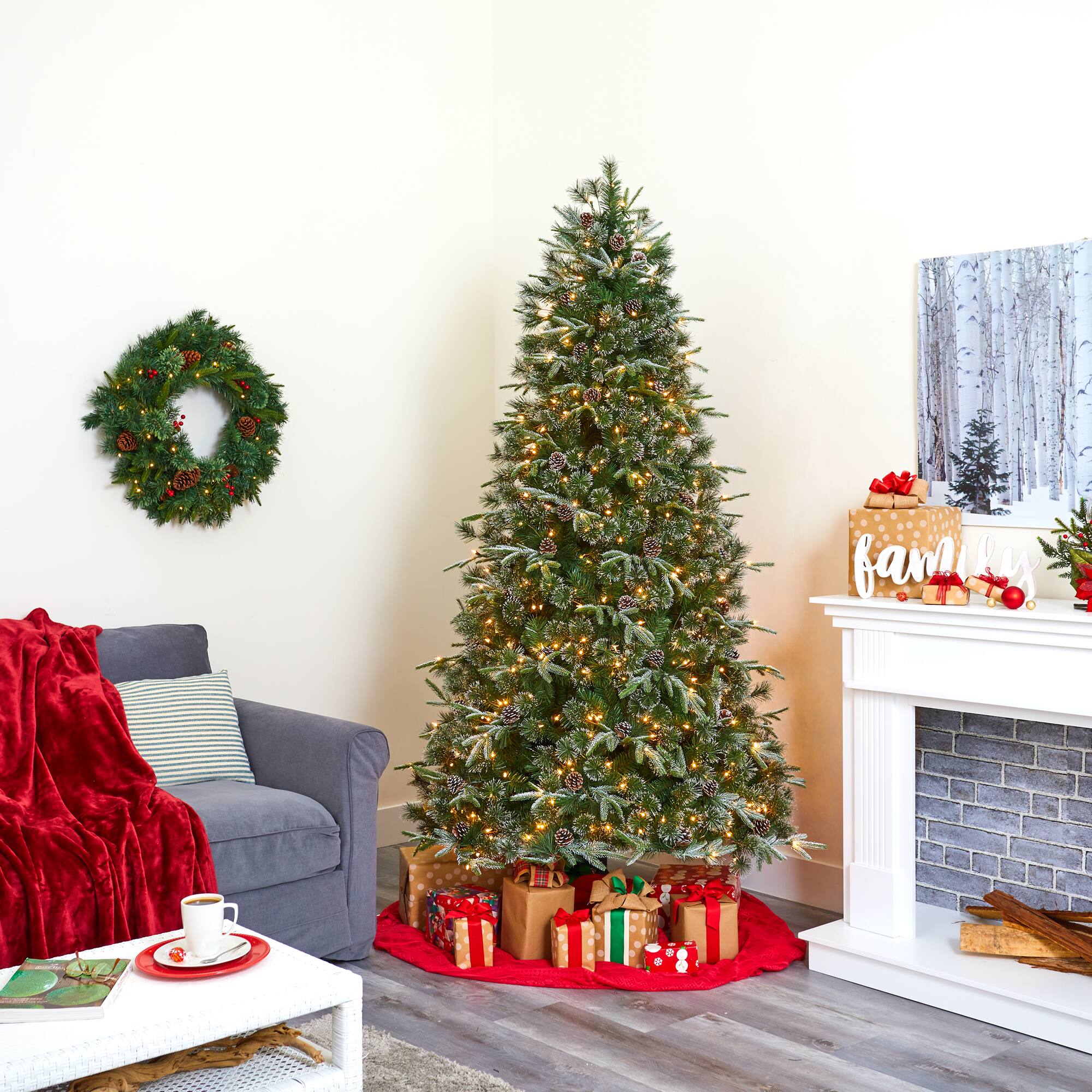 7.5ft. Pre-Lit Snowed Tipped Clermont Mixed Pine & Pinecones Artificial Christmas Tree with Clear LED Lights